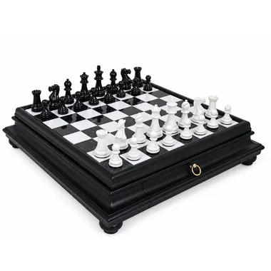Jogo de xadrez completo preto e branco com tabuleiro-caixa de gaveta