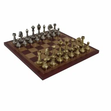 Jogo de Xadrez Staunton em Metal e Tabuleiro em Couro Sintético Vermelho / Dourado
