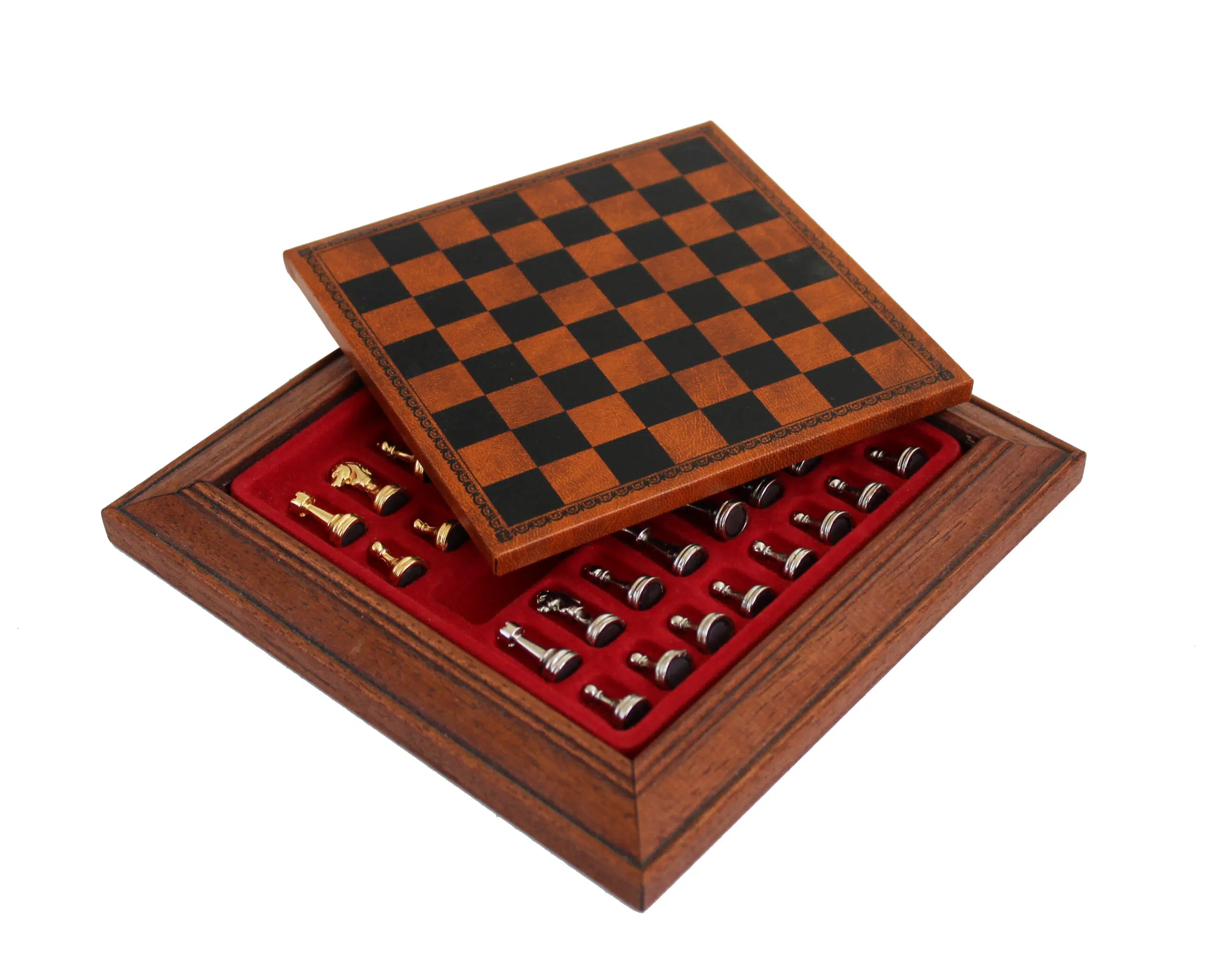 Ensemble Jeu d'Échecs Magnétique en Métal et Échiquier en Bois avec Compartiments