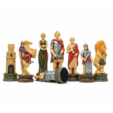 Peças de xadrez romanas detalhadas: torre, cavalo, dama, rei e leão