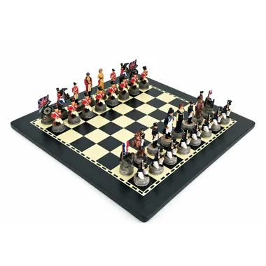 Jogo de xadrez Batalha de Waterloo pintado sobre tabuleiro de madeira preto e marfim