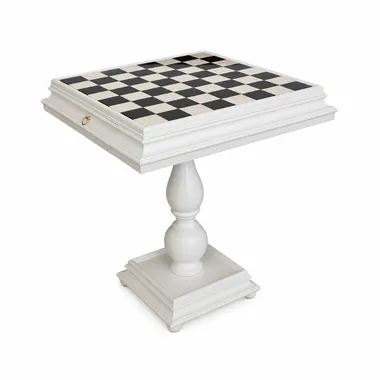Mesa de Xadrez em Madeira Lacada Branca Tília com Tampo em Mármore de Carrara e Duplo Gaveta de Arrumação