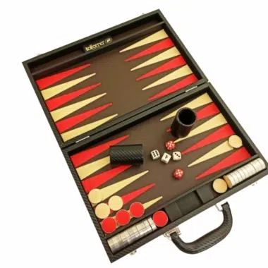 Conjunto de Gamão Dobrável em Couro Sintético Preto e Vermelho