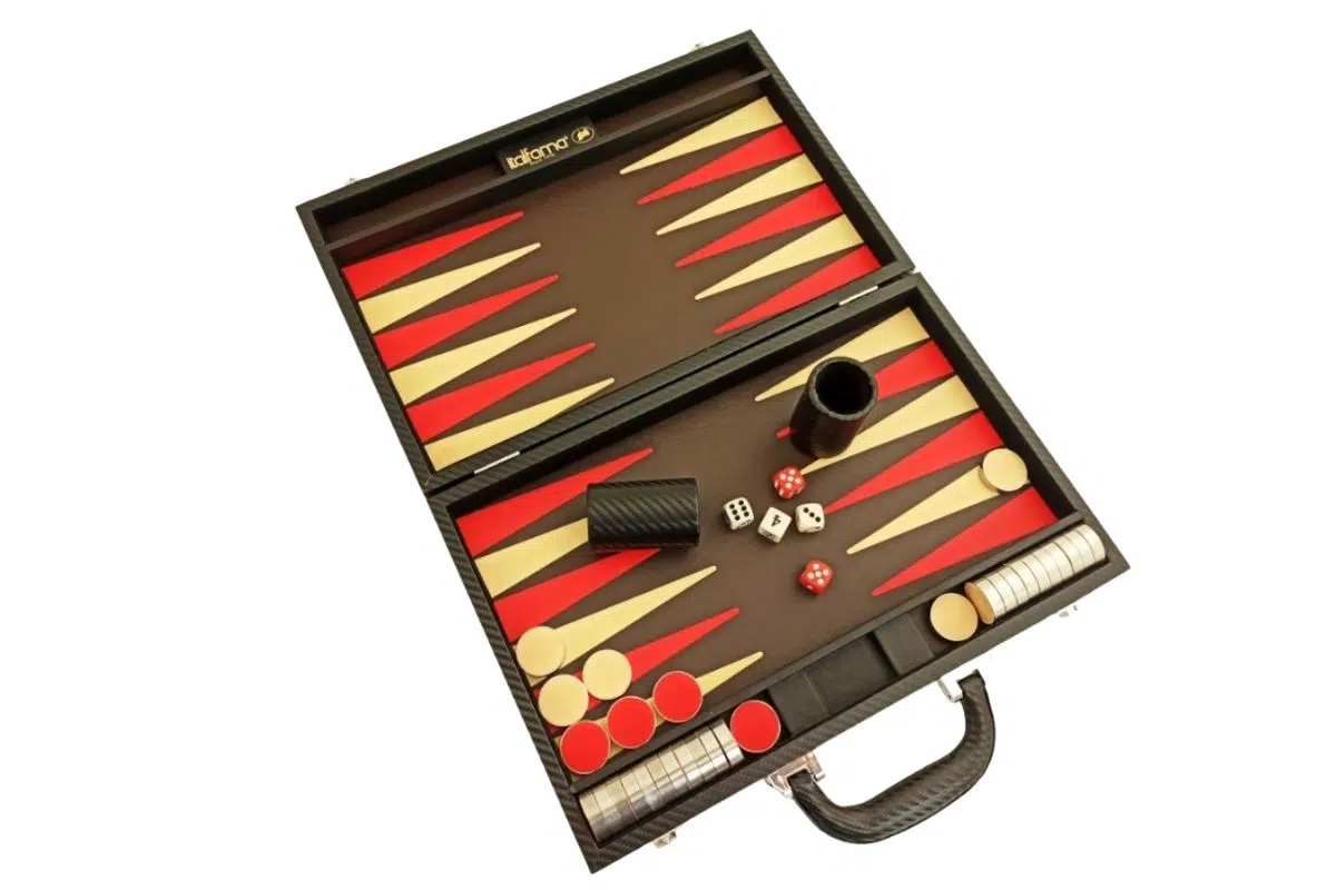 Conjunto de Gamão Dobrável em Couro Sintético Preto e Vermelho