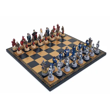Jogo de xadrez Rei Artur em resina sobre tabuleiro em simili couro azul