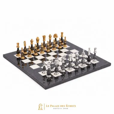Jogo de Xadrez de Luxo em Latão Maciço folheado a Ouro e Prata e Madeira Lacada com Tabuleiro em Ácer Bruyère - Rei 10 cm