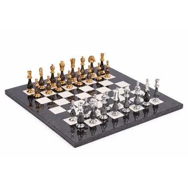 Jogo de Xadrez de Luxo em Latão Maciço folheado a Ouro e Prata e Madeira Lacada com Tabuleiro em Ácer Bruyère - Rei 10 cm