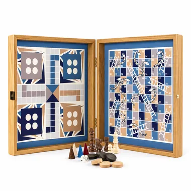 Jogo Combinado 4 em 1 em Madeira Azul - Xadrez/Gamão/Ludo/Cobras