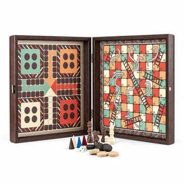 Jogo Combinado 4 em 1 em Madeira Estilo Vintage - Xadrez/Gamão/Ludo/Cobras