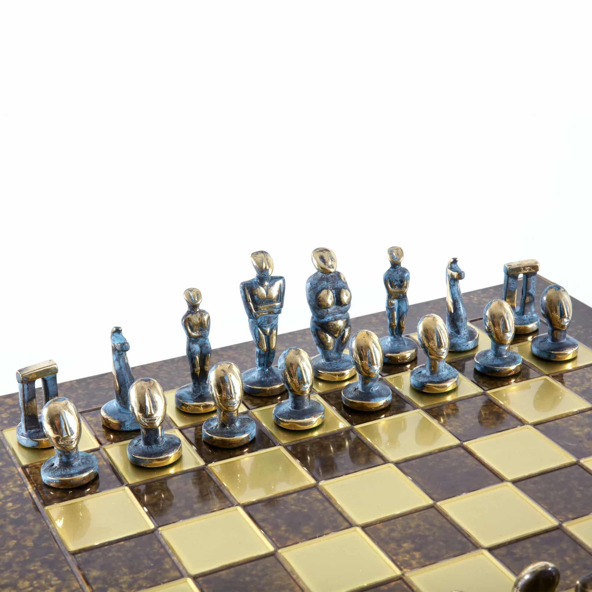 Jogo de Xadrez de Arte Cicládica em Latão Maciço - Peças Azuis e Castanhas - Image 14