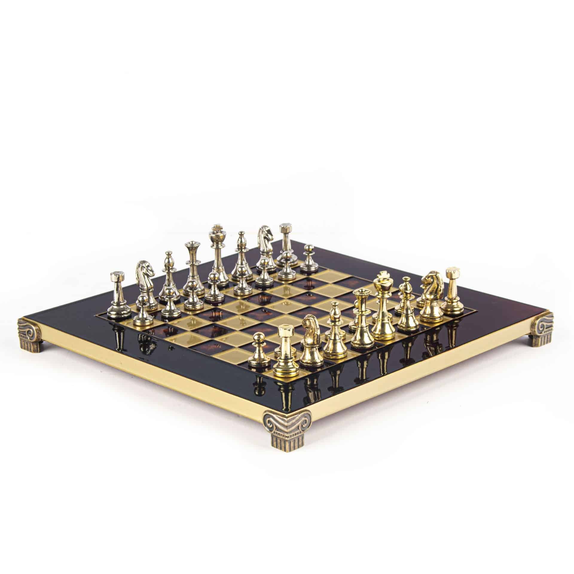 Pequeno Jogo de Xadrez Staunton em Metal Prateado e Dourado com Tabuleiro sobre Pé em Metal e Caixa de Arrumação - Image 9