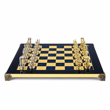 Jogo de xadrez Grego Guerreiro Minoico, vista geral em tabuleiro azul e dourado
