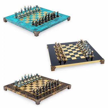 Jogo de xadrez Art Cicládico em latão bronze e azul, três acabamentos apresentados