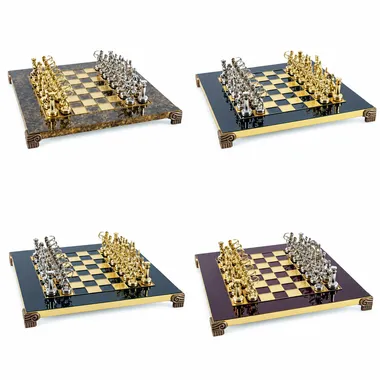 Jogo de xadrez completo arqueiros, peças prateadas e douradas, quatro tons