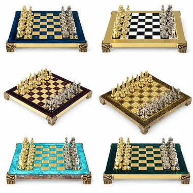 Jogo de xadrez bizantino, peças douradas e prateadas, seis acabamentos de tabuleiro