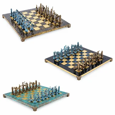 Jogo de xadrez mitologia grega, três variantes de cores de peças e tabuleiros