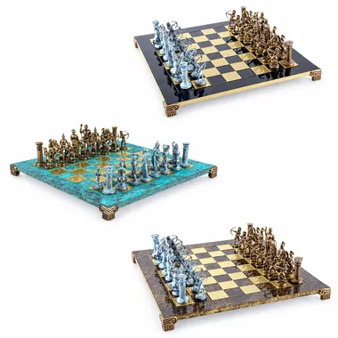 Jogo de xadrez completo, três vistas do tabuleiro e peças em bronze e pátina azul