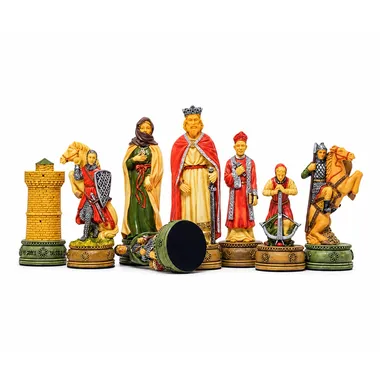 Peças do jogo de xadrez Camelot em resina pintada, personagens medievais e torre
