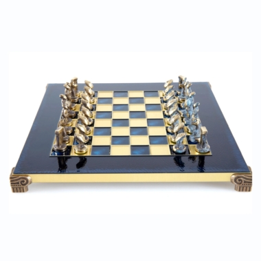 Alternative view of Pequeno Jogo de Xadrez Arte Cicládica em Latão Bronze e Azul – Tabuleiro de Metal e Caixa de Madeira Laminada