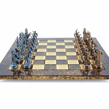 Jogo de xadrez mitologia grega completo, peças em bronze e azuis frente a frente