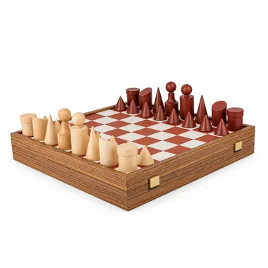 Jogo de Xadrez Bauhaus Terracota e Natural - Tabuleiro de Xadrez em Madeira e Napa & Peças em Madeira