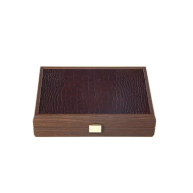 Jeu de Cartes en Plastique avec Écrin en Bois et Sac en Cuir Croco Marron.