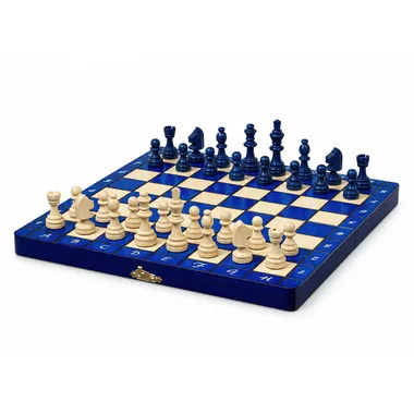 Jogo de xadrez magnético em madeira azul e marfim, tabuleiro dobrável aberto