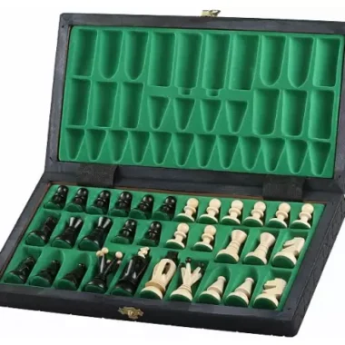 Jeu d’Echecs en Bois Pliable avec Rangement Noir et Ivoire - 35 x35 cm