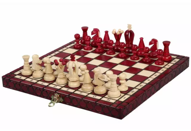 Petit Ensemble de Jeu d’Echecs Rouge et Ivoire Pliable en Bois