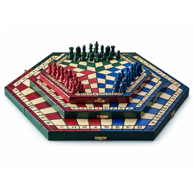 Jogo de xadrez para 3 jogadores, tabuleiro hexagonal tricolor dobrado