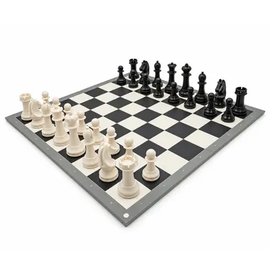 Jogo de xadrez World Chess Academy Edition em posição inicial sobre tabuleiro dobrável