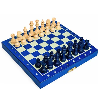 Jogo de xadrez magnético mini em madeira azul, tabuleiro aberto com peças colocadas