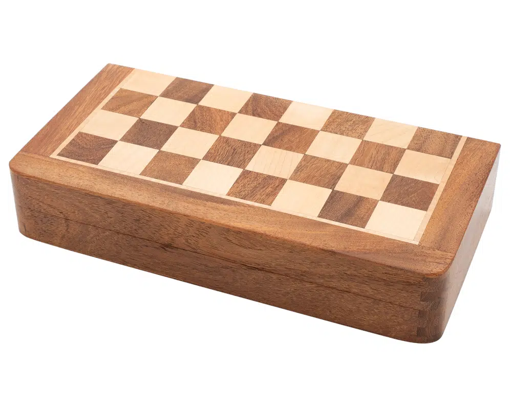 Étui en bois pour jeu d'échecs voyage pliant avec motif de damier - Le Palais des Echecs
