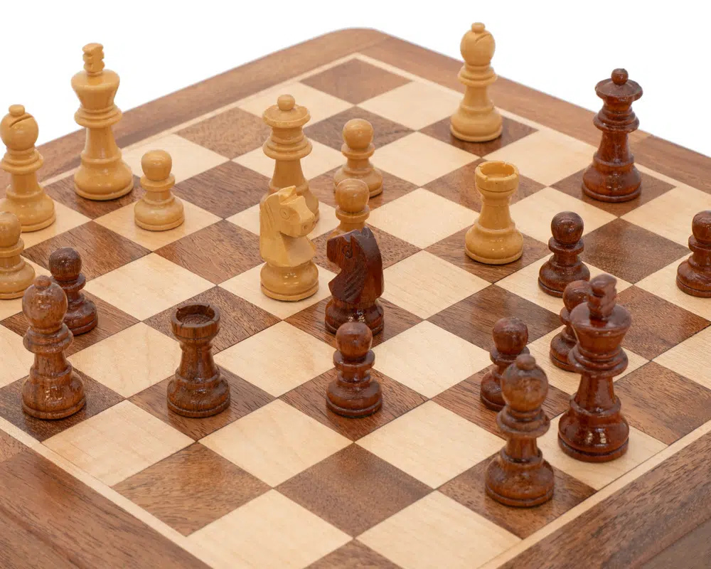 Jeu d'échecs voyage pliant sur une table extérieure à la lumière du soleil - Le Palais des Echecs