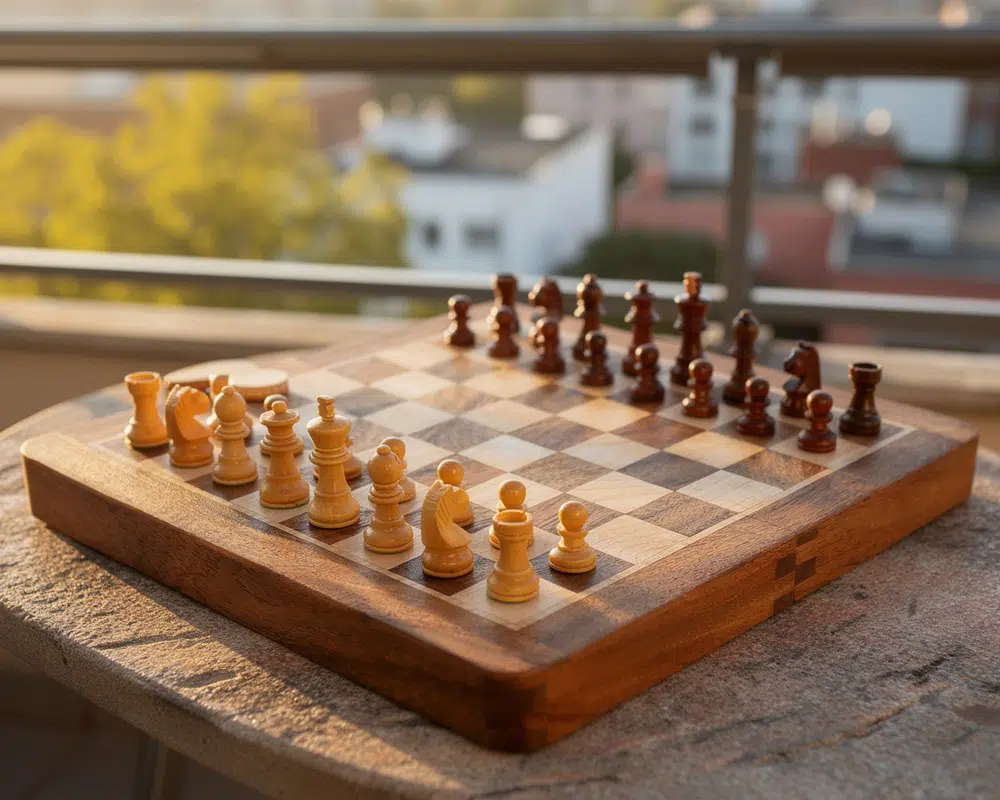 Plateau de jeu d'échecs avec pièces en bois magnétique prêts à jouer dans un paysage relaxant