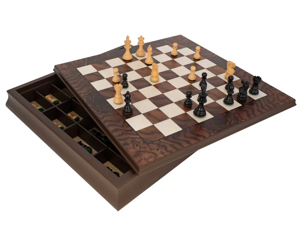 Jeu d'échecs Kingsclere luxe ébène et noyer avec rangement intégré