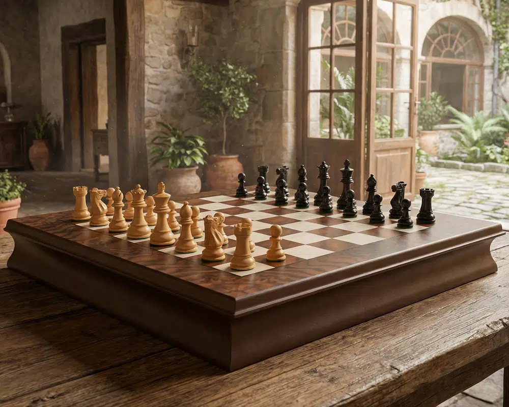 Jeu d'échecs Kingsclere ébène et noyer placé dans un cadre élégant