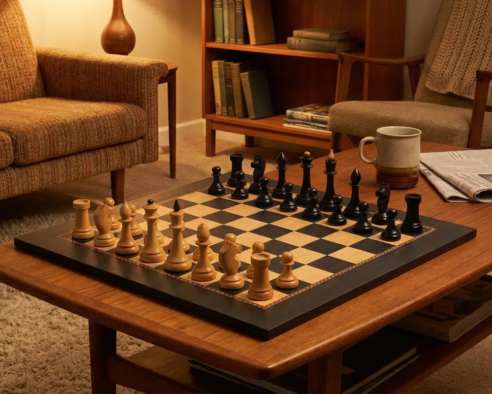 Jeu d'échecs installé sur une table dans un salon chaleureux avec des fauteuils