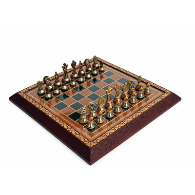 Jogo de xadrez de coleção Romanos em metal pintado sobre tabuleiro de luxo em couro e vidro