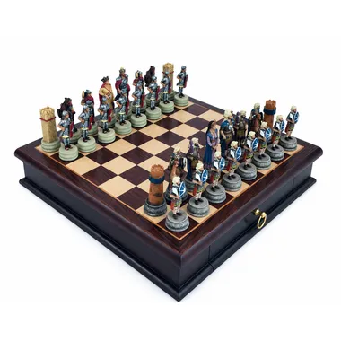 Jogo de xadrez temático Romanos contra Árabes completo sobre tabuleiro caixa em pau-santo 32cm