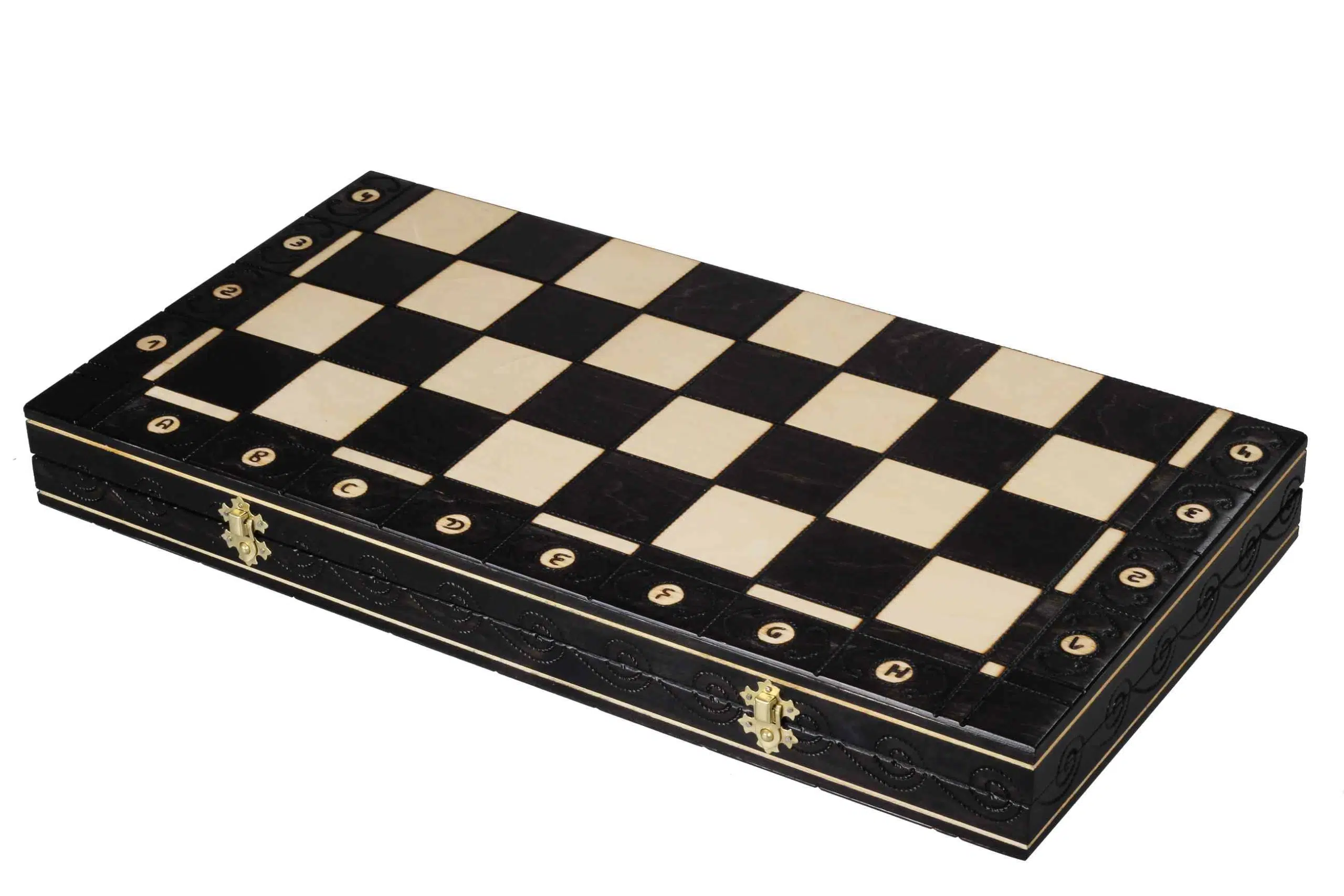 Coffret de jeu d'échecs fermé en bois noir avec motif élégant