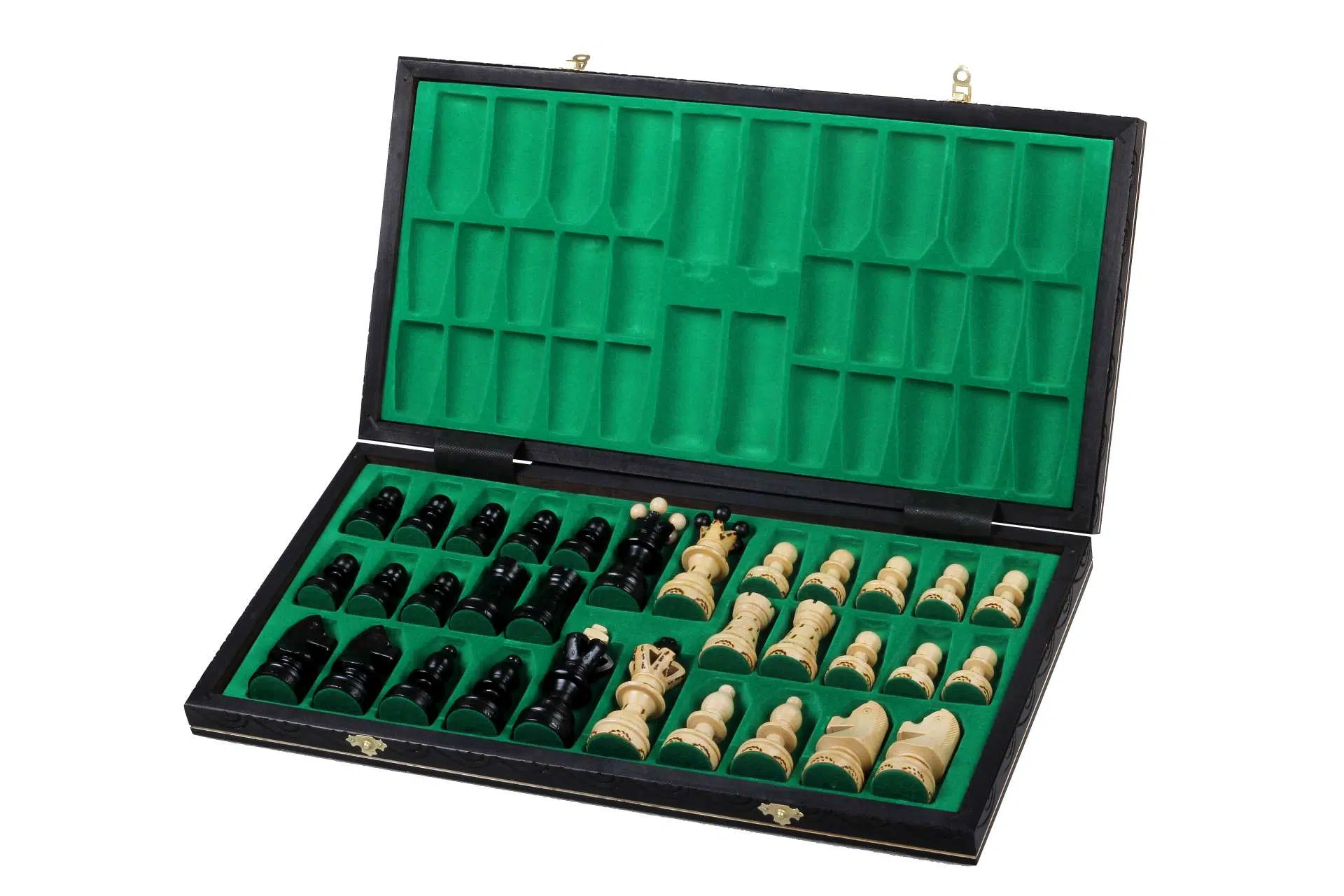Coffret Échecs Ambassador Noir Luxe ouvert avec pièces élégantes - Le Palais Des Echecs